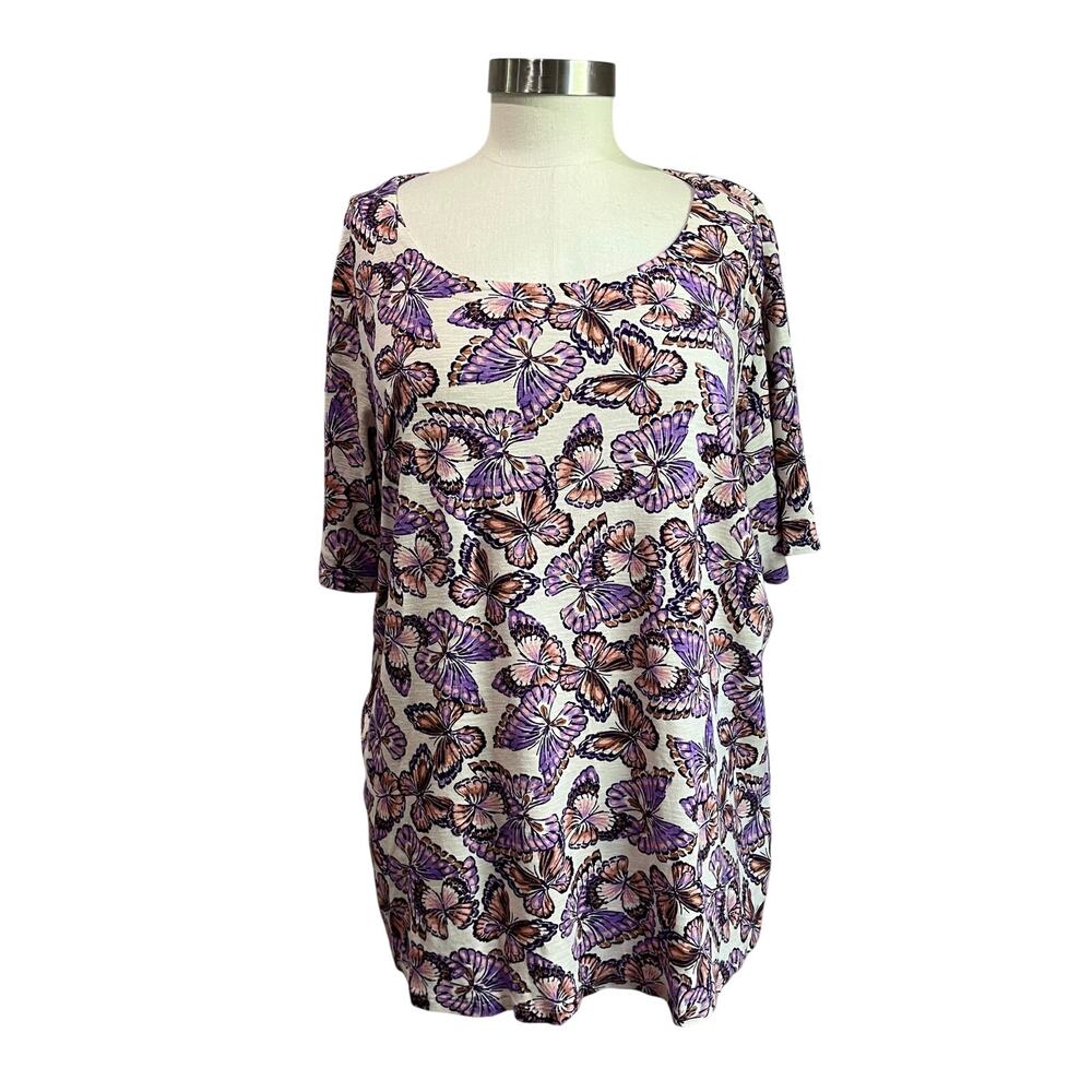 J.Jill Pima Cotton‎ Butterfly Tee 2X Slub Knit Scoop Neck Soft Side Slit